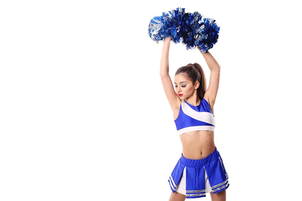 Jonge cheerleader in blauw en wit pak met pompoms op witte achtergrond. — Stockfoto