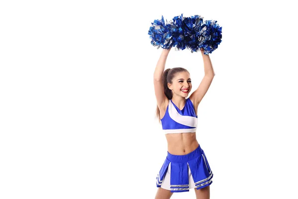 Joven animadora en traje azul y blanco con pompones sobre fondo blanco . — Foto de Stock