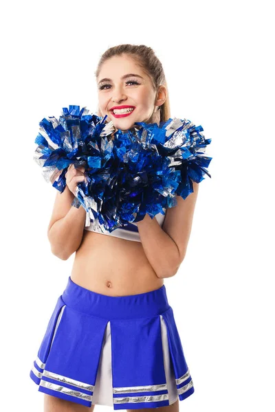 Jonge cheerleader in blauw en wit pak met pompoms — Stockfoto