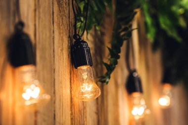 Arka plan panoları düğün, ampuller ve çiçekler ile dekore edilmiş