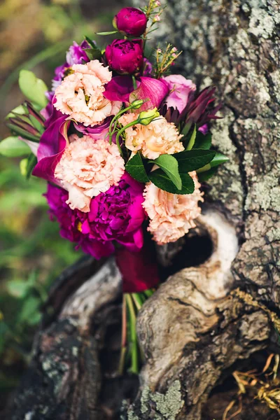 Um buquê de casamento fica perto do velho toco texturizado — Fotografia de Stock