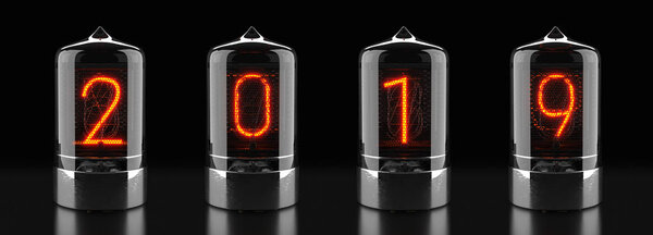 Nixie tube indicator, lamp gas-discharge indicator on dark background. The number 2019 of retro. 3d rendering.