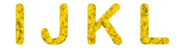 Flor fuente alfabeto i, j, k, l, hecho de flores vivas dientes de león . — Foto de Stock