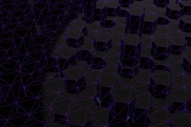 Siyah altıgenlerin parlak mor ızgaralı soyut fütüristik düşük polimer arka planı. Minimalist Siyah 3D görüntüleme.