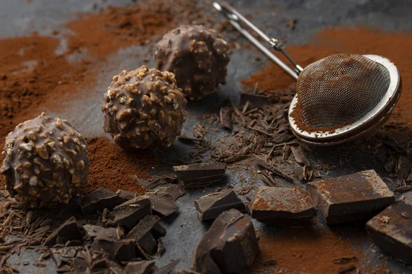 Homemade Dark Chocolate Nuts Truffles Surrounded Chocolate Pieces Cocoa Powder — Stock Photo, Image