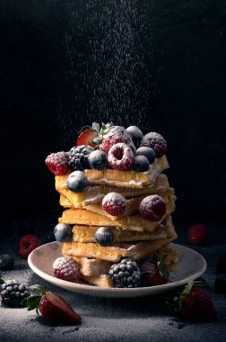 Geleneksel ev yapımı Belçika waffleları. Taze yaz meyveleri, böğürtlen, çilek ve böğürtlen tozuyla krema şekeri. Nefis bir kahvaltı. Seçici odak.