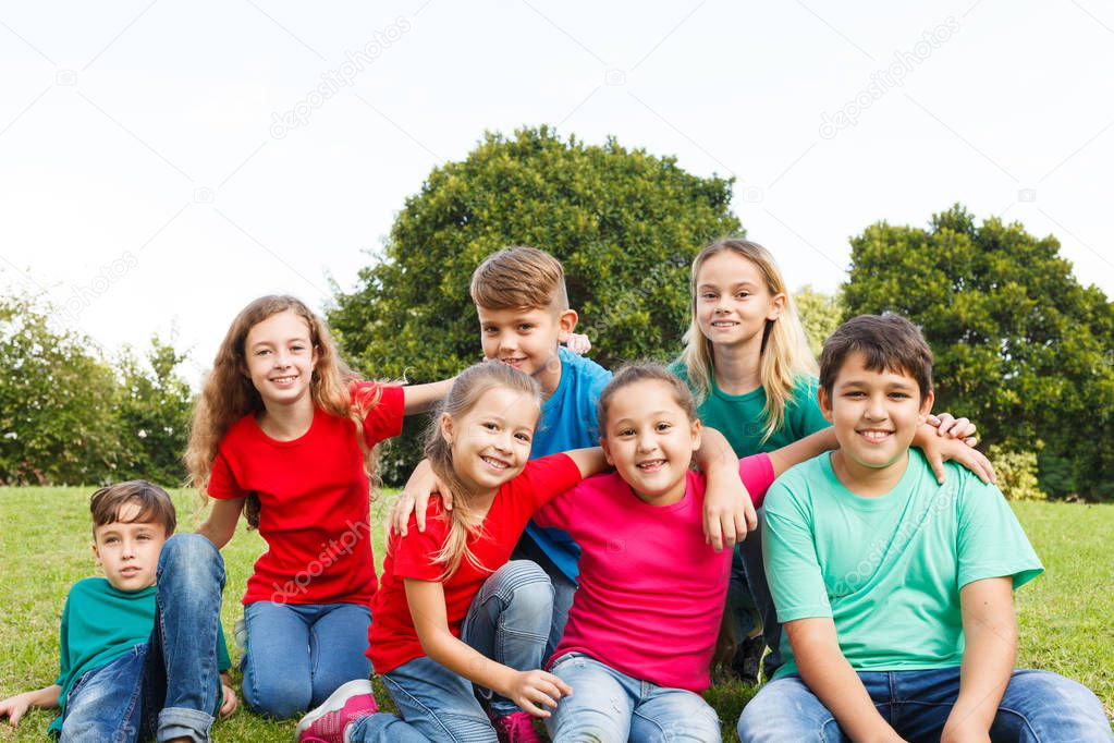 Group of happy kids showing unity