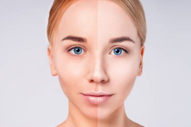 Kadın yüz portre yarım kahverengi deri ile. Güzellik Portresi. Güzel Spa modeli mükemmel taze temiz ten kızla. Sarışın kadın kameraya bakıyor. Gençlik ve cilt bakım kavramı.