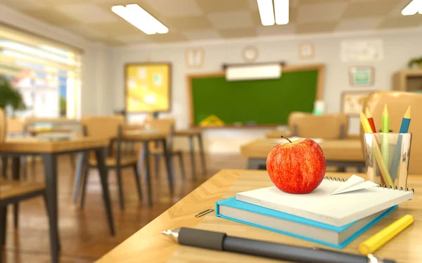 Elementos Escolares Estilo Dibujos Animados Libro Bolígrafo Lápices Manzana Roja — Foto de Stock