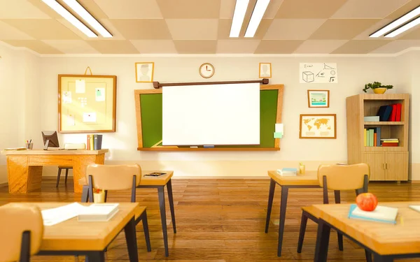 Sala Aula Vazia Estilo Cartoon Conceito Educação Sem Alunos Renderização — Fotografia de Stock