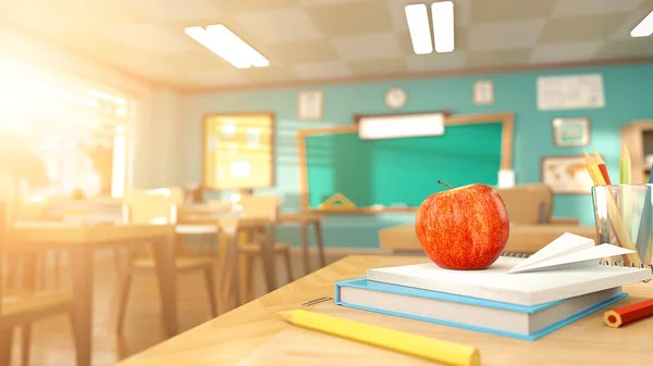 Cartoon style school elements - book, pen, pencils and red apple on desk in empty classroom. 3D rendering illustration. Back to school design template without people.
