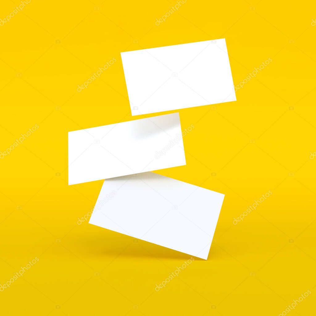 Falling blank white business cards on yellow background. 3D render illustration. Mockup design.
