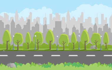 Düz şehir manzarası, gri binalar, mavi gökyüzü, karanlık yol, yeşil ağaçlar ve fenerler. Soyut yatay pankart ve arkaplan. Kentsel şehir kulesinin panoramik gökyüzü çizgisi vektör çizimi