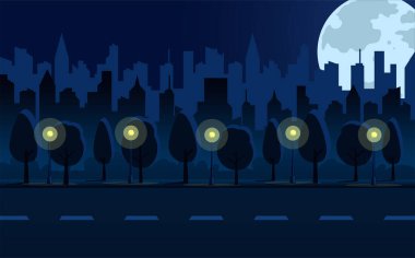 Düz gece manzarası, mavi binalar, karanlık gökyüzü, yol, mavi ay ve parlak sarı fenerler. Soyut yatay pankart ve arkaplan. Kentsel şehir kulesinin panoramik gökyüzü çizgisi vektör çizimi.