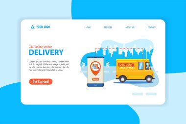 Teslimat hizmetleri web sitesi şablonu. Dünya karantina covid-19 'da çalışan bazı şirketler için 7 / 24 çevrimiçi sipariş paketi yemek servisi kavramı. Sarı minibüslü vektör illüstrasyon düz web pankartı.