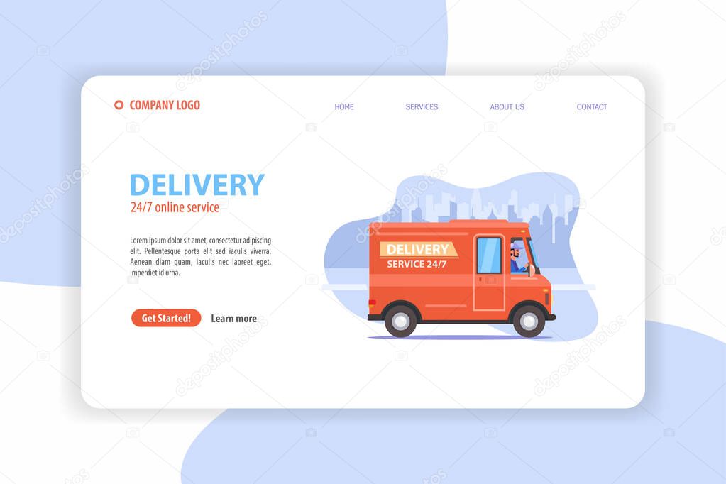 Delivery services web site template. 24/7 online order parcel adn food services concept for some companies working in world quarantine covid-19. Vector illustration flat web banner with orange van.