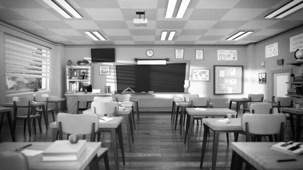 Empty school classroom in cartoon style. Education concept without students. 3d rendering interior illustration. Back to school design template.
