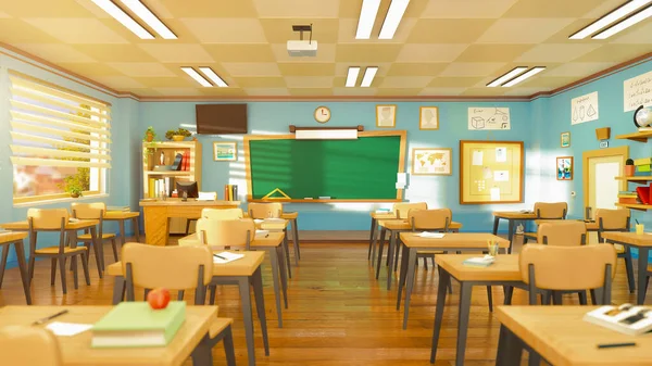 Empty School Classroom Cartoon Style Education Concept Students Rendering Interior — Stock Photo, Image