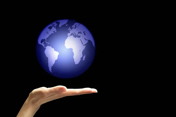 Hand Fängt Oder Wirft Globus Isoliert Über Schwarzem Hintergrund Hoch — Stockfoto