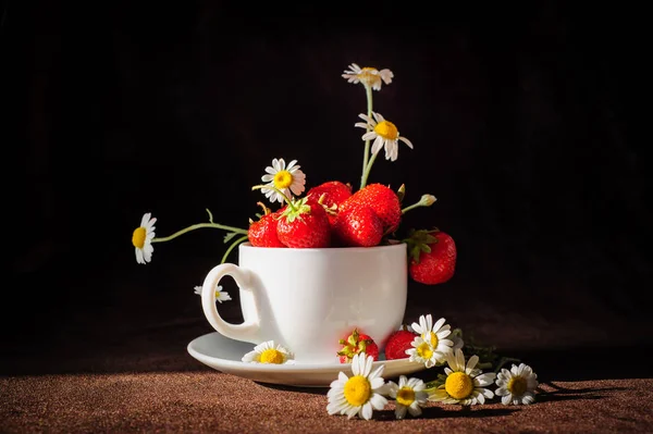 Camomilla e fragole in tazza — Foto Stock