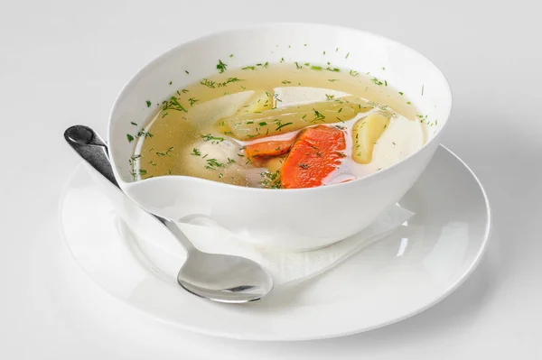 Soup with turkey meatballs, potatoes and vegetables. selective focus — Stock Photo, Image