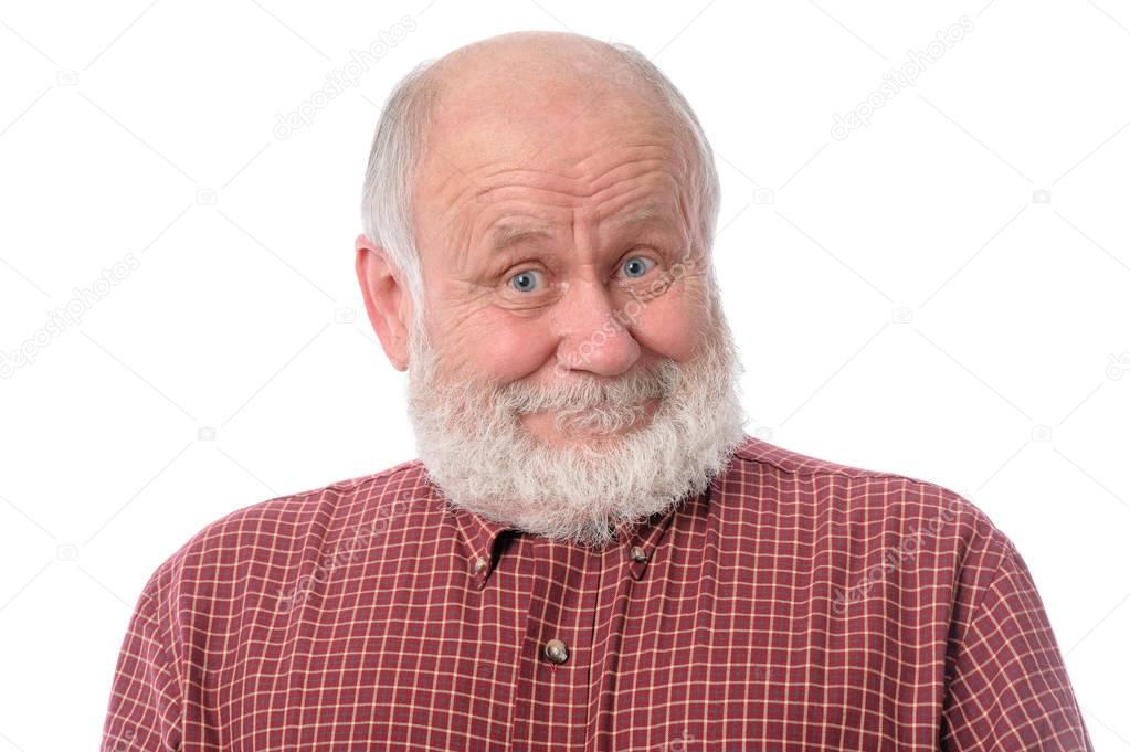 Senior man shows surprised smile facial expression, isolated on white