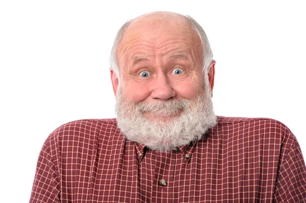 Senior man shows surprised smile facial expression, isolated on white — Stock Photo, Image