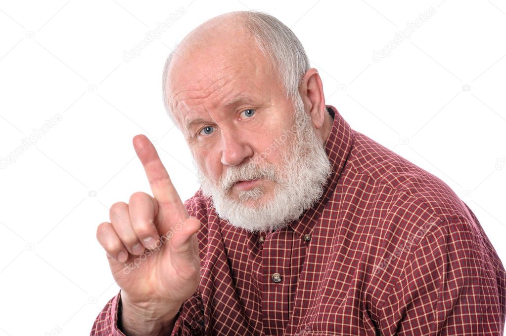 Senior man asking to focus with his forefinger, isolated on white