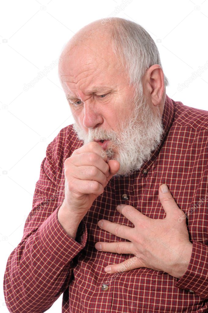 Senior man coughing, isolated on white