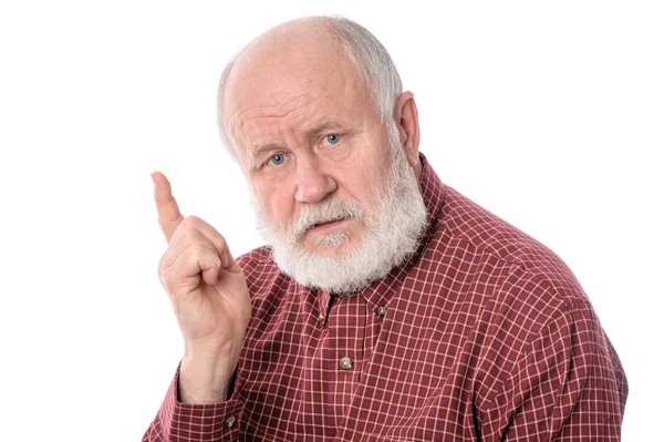 Старший чоловік показує жест переслідувача, ізольований на білому — стокове фото