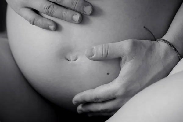 Belly of pregnant woman, nine month — Stock Photo, Image