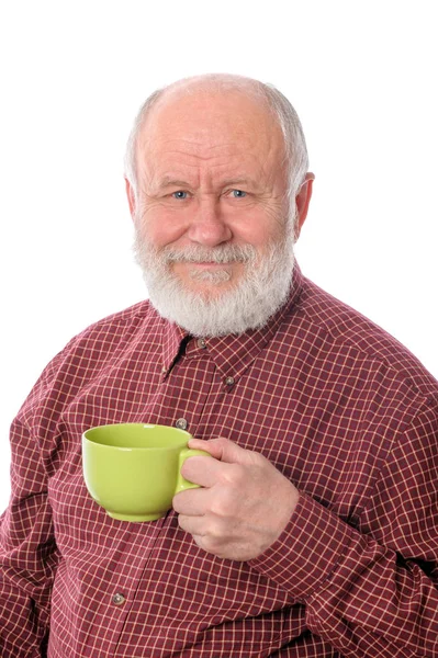 Senior lycklig med gröna cup, isolerad på vit — Stockfoto