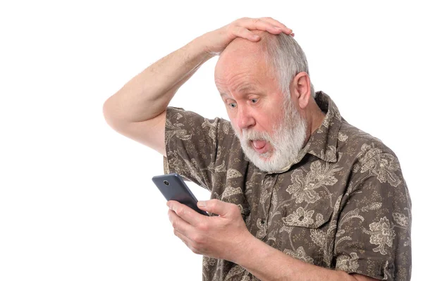 Komuta sizde, üzerinde beyaz izole hareket eden smartphone bir şey ile surprized