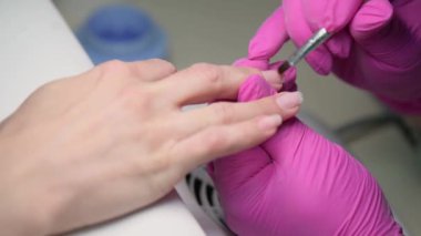 Closeup of manicure beautician covering clients nails with special base before polish covering