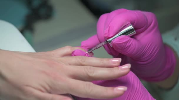 Primer plano de manicura esteticista que cubre las uñas de los clientes con brillo esmalte de uñas — Vídeo de stock