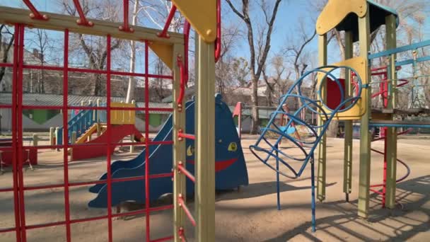 Empty children playground in cathedral square park in the center of Chisinau, Moldova during state of emergency by the reason of covid-19 virus threat — Stock Video