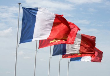 Mavi bulutlu gökyüzüne karşı birden fazla Fransız bayrağı.