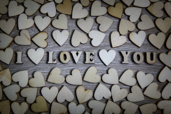 I love you wooden shape heart and letters, love theme — Stock Photo, Image