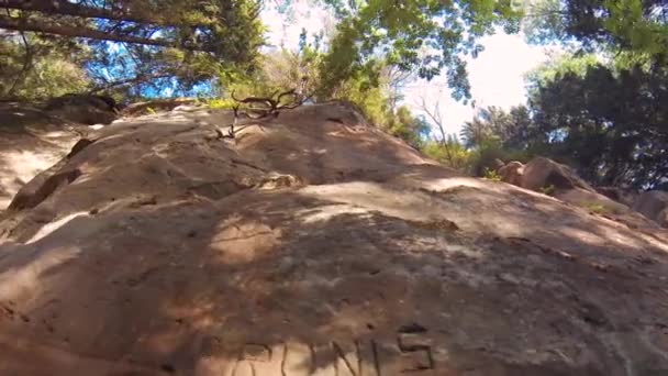Licu Langu Sandstone Cliffs. Formations de sable au Lode Behind Cesis en Lettonie. Caméra Avancer vers les falaises Pov Steadicam Shot 