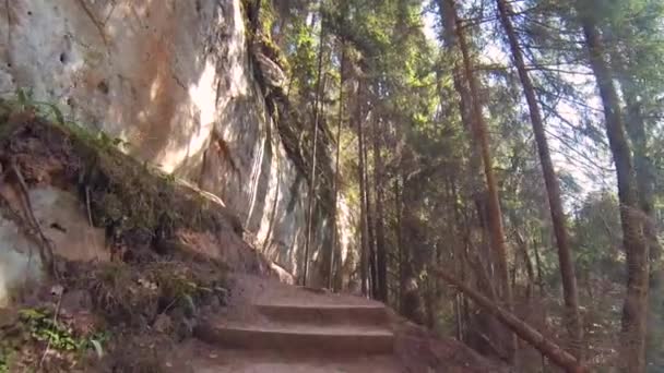 Licu Langu Sandstone Cliffs. Formations de sable au Lode Behind Cesis en Lettonie. Caméra Avancer vers les falaises Pov Steadicam Shot 