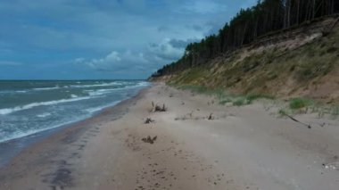 Baltık Denizi kıyısında uçmak Jurkalne Yaz Gününde. Letonya Hava Görüntüsü Jurkalne Sahil Kayalıkları 20 metreye kadar yükseliyor. Areal Dron Şut.