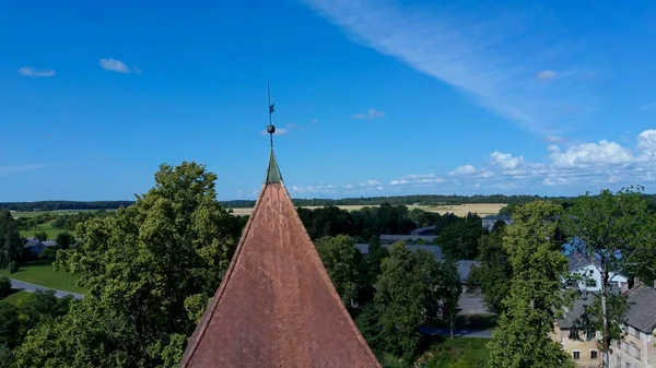 Aerial Dron Shot Cirava Lutheran Church Aizpute Latvia Dia Verão — Fotografia de Stock
