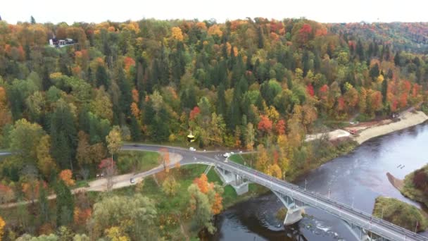 Vista Aérea Ponte Sigulda Teleférico Sobre Rio Gauja Durante Temporada — Vídeo de Stock