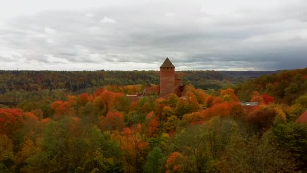 图瑞达古堡的空中秋季风景景观 从红砖建造 环绕着森林五彩斑斓的黄橙和绿树 阳光灿烂的一天 拉脱维亚金秋季节 Sigulda — 图库视频影像