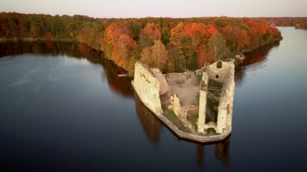 Осенний Вид Воздуха Старый Кокнезский Замок Руины Река Даугава Расположенный — стоковое видео