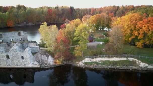 秋天的空中景观位于拉脱维亚科肯尼斯的老科肯尼斯城堡废墟和多加瓦河 中世纪城堡依然存在 十三世纪古石城堡废墟的空中景观 — 图库视频影像