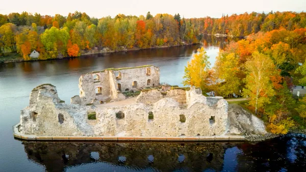 Jesienny Widok Lotu Ptaka Stare Ruiny Zamku Koknese Rzeka Daugava — Zdjęcie stockowe