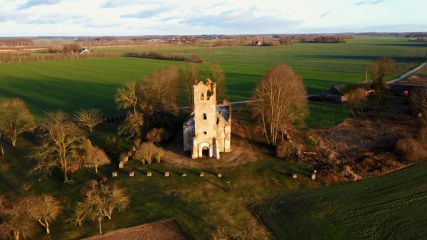 Ruins of the Lutheran Church in Salgale Latvia Near of the Bank of the River Lielupe Aerial View. The Salgales Lutheran Church Was Build in the Early 18th Century. The Church Was Destroyed During  the Time of the 2 World War