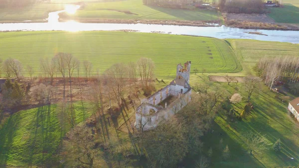 Ruins of the Lutheran Church in Salgale Latvia Near of the Bank of the River Lielupe Aerial View. The Salgales Lutheran Church Was Build in the Early 18th Century. The Church Was Destroyed During  the Time of the 2 World War