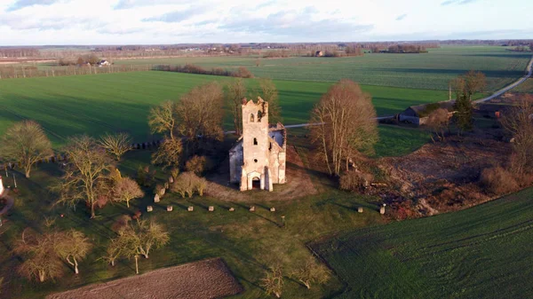 Ruins of the Lutheran Church in Salgale Latvia Near of the Bank of the River Lielupe Aerial View. The Salgales Lutheran Church Was Build in the Early 18th Century. The Church Was Destroyed During  the Time of the 2 World War